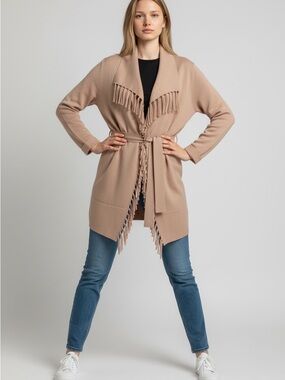 Nicole Miller Tan Fringe Open-Front Belted Cardigan
